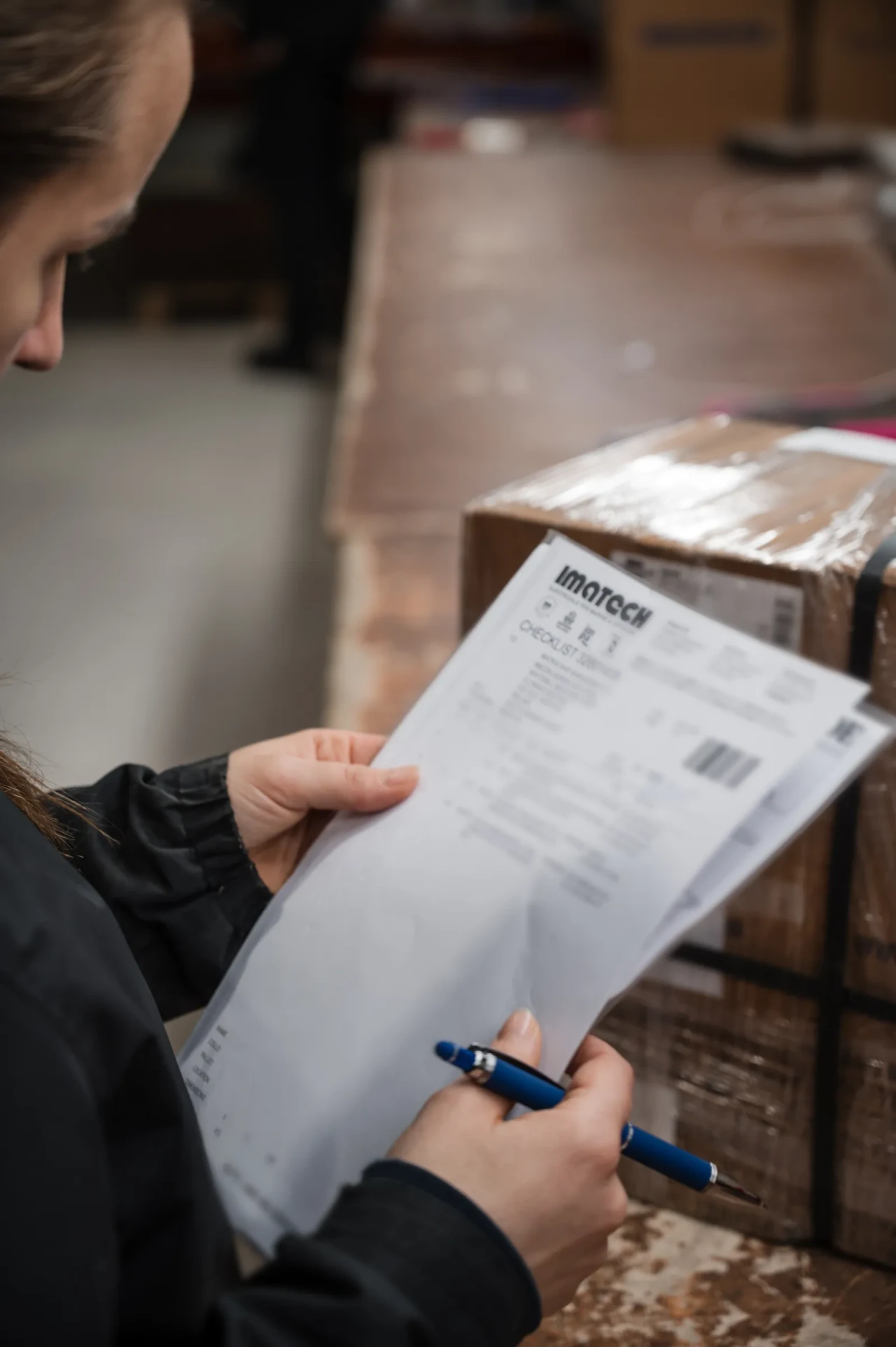 An Imatech employee checks order documents against a packaged shipment, carefully verifying details to ensure accurate processing and delivery.