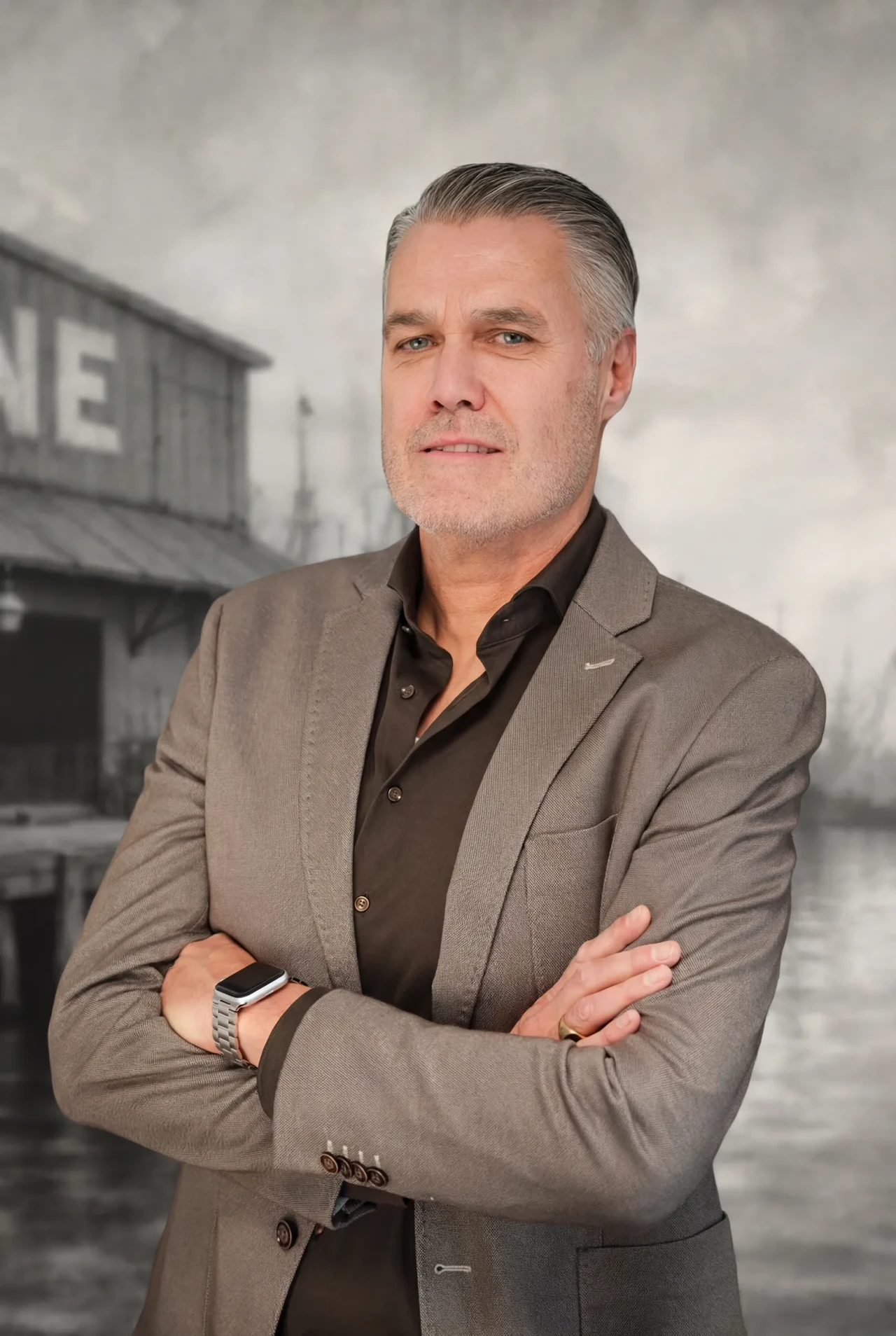 Portrait of Ronald den Broeder, standing with arms crossed in front of a maritime-themed background.