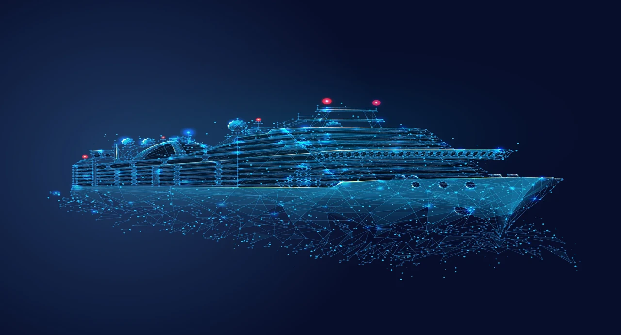 A digital wireframe yacht formed by glowing blue network lines illustrates innovation and integrated marine technology.